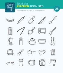 Set of Kitchen Icon Outline Style. Knives, Plates, Oven, Stove.