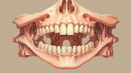 A detailed dental image of a human jaw with teeth, used for dental study and diagnosis. Generative AI