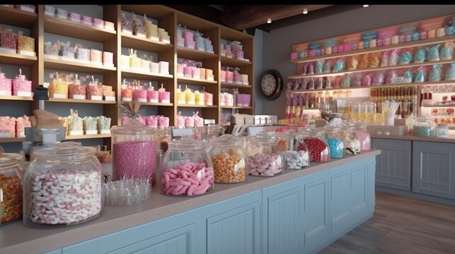Sweets and Candies are on display at the shop. AI Generative