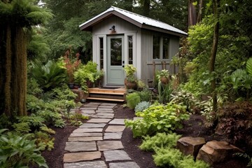 Fototapeta na wymiar Backyard garden tiny house with metal step tile roofing. Illustration. AI Generative