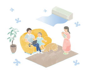 ベクターイラスト：エアコンをつけたリビングでくつろぐ家族（背景なし）