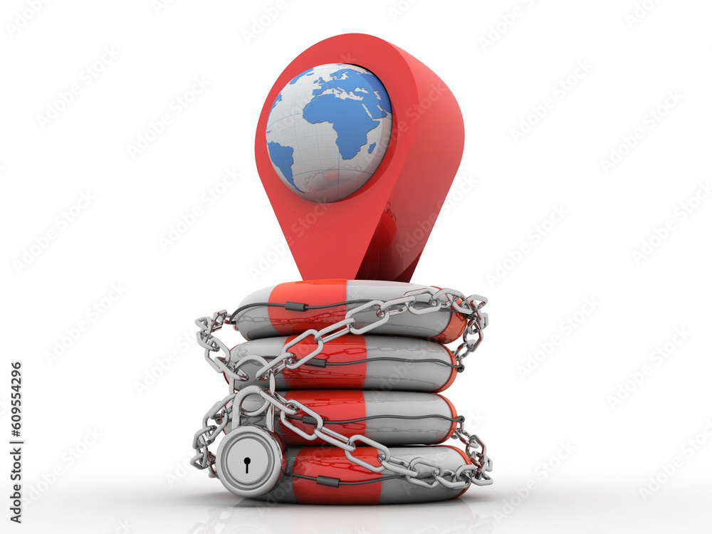 Poster 3d rendering red map pointer in life belt protection lock