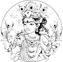 Hindu lord krishna black and white images