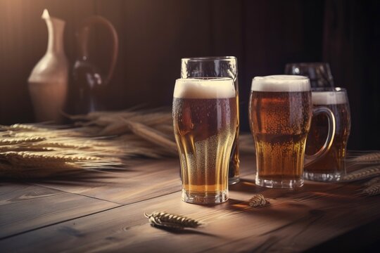 Glass mugs filled with beer. Alcohol production. Oktoberfest. Generative ai.