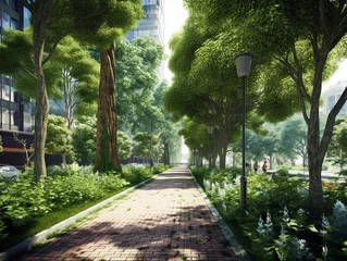 Foto auf Acrylglas Illustration of the scenery of a city decorated with a beautiful landscape. Large trees provide shade to roads and footpaths. Public parks were established.  © Aisyaqilumar
