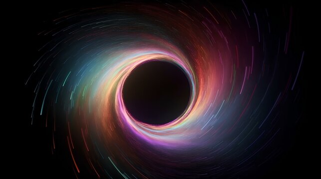 a cg rendering of a digital vortex swirling in dark space. Beams of rainbow gradient light bend into an event horizon. generative AI