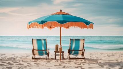Chaise lounge and umbrella on the beach. Generative AI