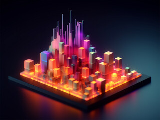 Isometric glowing smart city, Mini futuristic architecture concept, Big data visualization, Generative AI