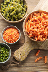 A variety of fusilli pasta from different types of legumes. Gluten-free pasta.