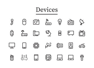Devices and Electronics related line icons. Computers and mobile phones vector icon set.
