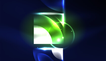 Abstract background techno neon glowing circle shapes and round elemetns with light flare effects. Hi-tech design for wallpaper, banner, background, landing page, wall art, invitation, prints, posters