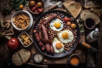Obraz na płótnie Canvas English breakfast. Shot from above. Food style photography. Menu, recipe in restaurant. Generative ai.