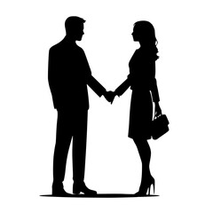 Silhouette of business women holding bags and business men shaking hands black color isolated on white vector illustration