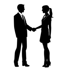 Silhouette of business women holding bags and business men shaking hands black color isolated on white vector illustration