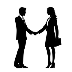Silhouette of business women holding bags and business men shaking hands black color isolated on white vector illustration
