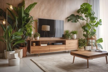 Modern living room with lots of greenery plants and a TV,  interior design, brochure, generative ai
