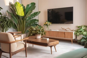 Modern living room with lots of greenery plants and a TV,  interior design, brochure, generative ai