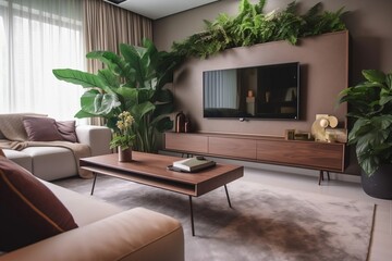 Modern living room with lots of greenery plants and a TV,  interior design, brochure, generative ai