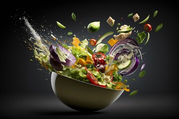 Dynamic shot of fresh salad, vegetables fall into a porcelain bowl. Generative ai.