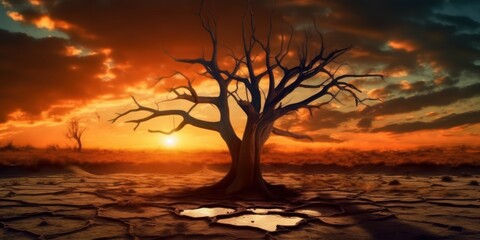 Silhouette of Dead Tree on Cracked Soil Sunset background, Global Warming Concept. Generative Ai