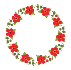 Red flowers floral wreath. Vector frame with poppies in the shape of a circle. 