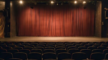 An empty stand-up comedy theater with deep red curtains as the backdrop, the silent anticipation of laughter. Generative AI