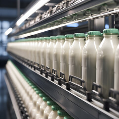 Milk bottles on automatic travel or conveyor belt in pasteurized cow milk factory, AI Generated, Generative AI