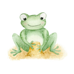 Cute frog is playing in the sand. The frog is sitting. The frog character on the beach. Watercolor illustration. Isolated. For children's textiles, stationery, children's room