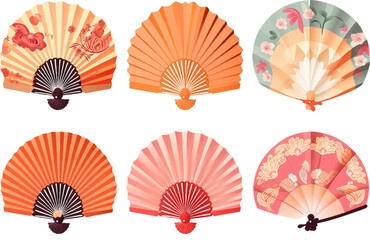 set vector illustration of oriental fan chinese, decoration japanese souvenir isolated on white background