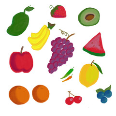 Set of fruits and vegetables. Different colorful fruits. All kinds of fruit for cooking meals, planting in garden.