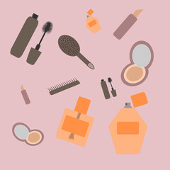 Fototapeta na wymiar Cosmetics. Women's accessories. Perfume, mascara, lipstick, powder, comb, nail polish. Cosmetics icon.