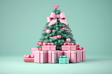 Christmas tree and pink gift boxes with pink bows on mint background. Generative AI