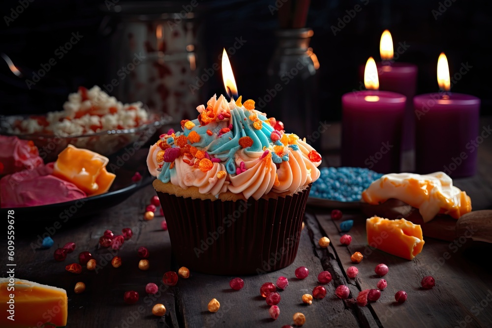 Wall mural Birthday cupcake with buttercream frosting and candles on wooden table, delicious birthday cupcake on a table with so many colorful sprinkles, AI Generated