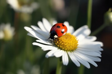Obraz premium Ladybug on a daisy flower in the garden, A cute red ladybug on a white chamomile flower with vibrant green leaves, AI Generated