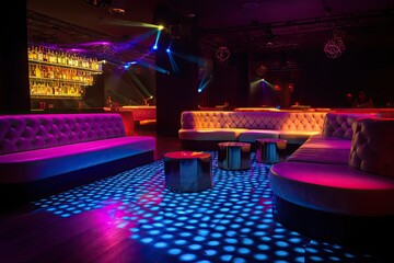 colorful interior of bright and beautiful night club with dark seats and glowing lights, A decorated night club with stylish couches and colorful cocktail tables, AI Generated - obrazy, fototapety, plakaty