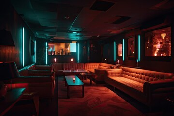 Interior of a night club with bright red and blue lights. A decorated night club with stylish couches and colorful cocktail tables, AI Generated