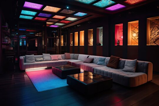 Interior of modern living room with colorful lighting, 3d render, A decorated night club with stylish couches and colorful cocktail tables, AI Generated