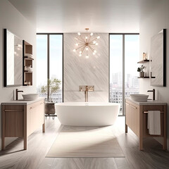 Bathroom interior in modern style with white bathtub, wooden floor and panoramic window. 3d renderGenerative AI.