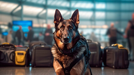 German Shepherd service, police at the airport. Generative AI. - obrazy, fototapety, plakaty