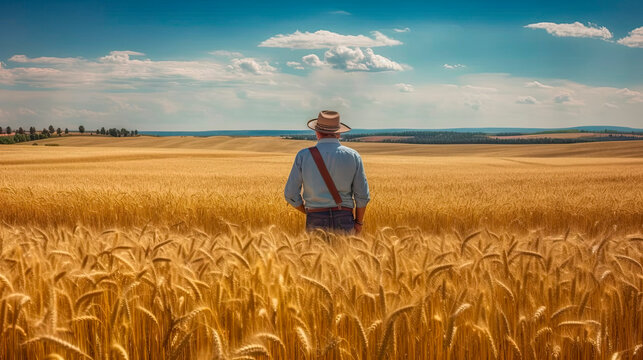 Farmer standing in wheat field and looking at the horizon. Agriculture concept Generative AI.