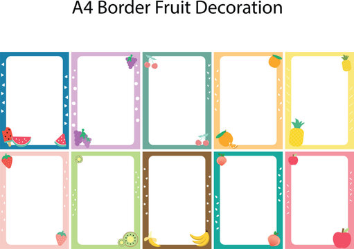 black space with cute a4 border frame illustration clipart for kids or worksheet with fruit decoration