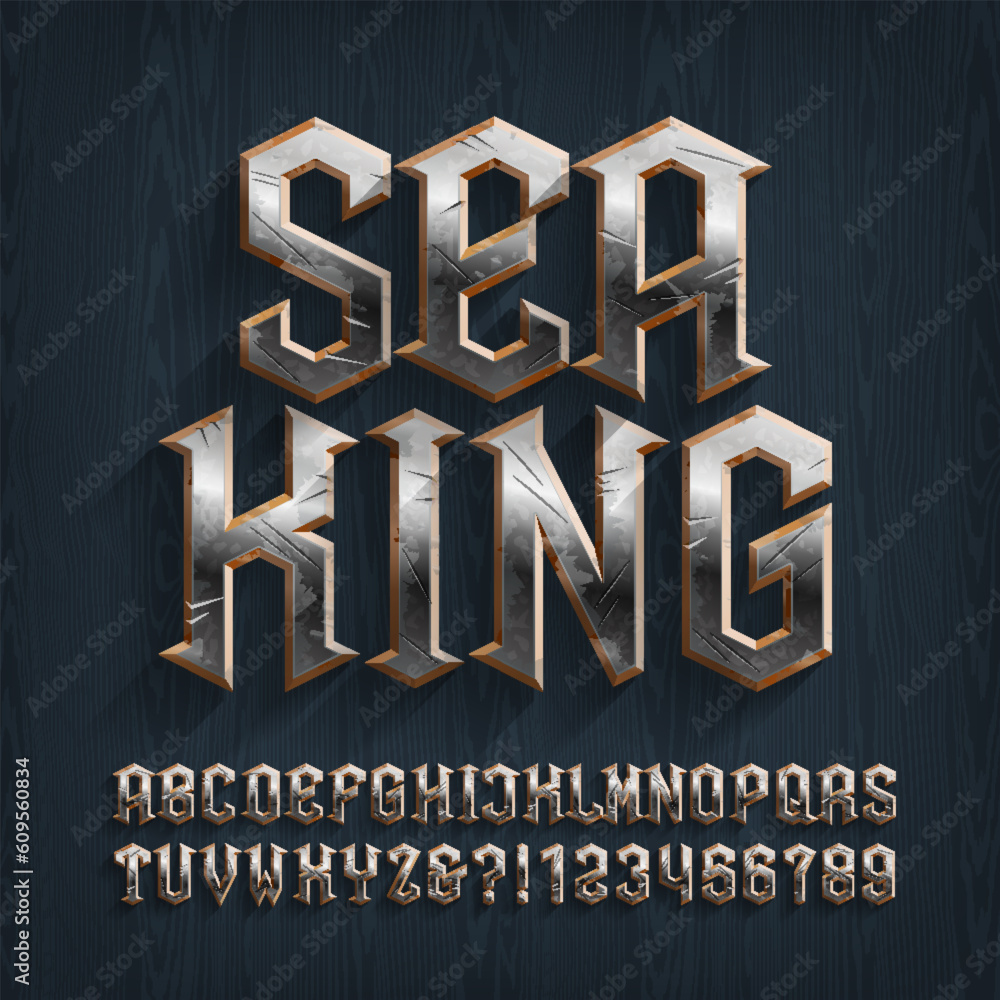 Fototapete sea king alphabet font. distressed metal letters and numbers on a wooden background. stock vector ty