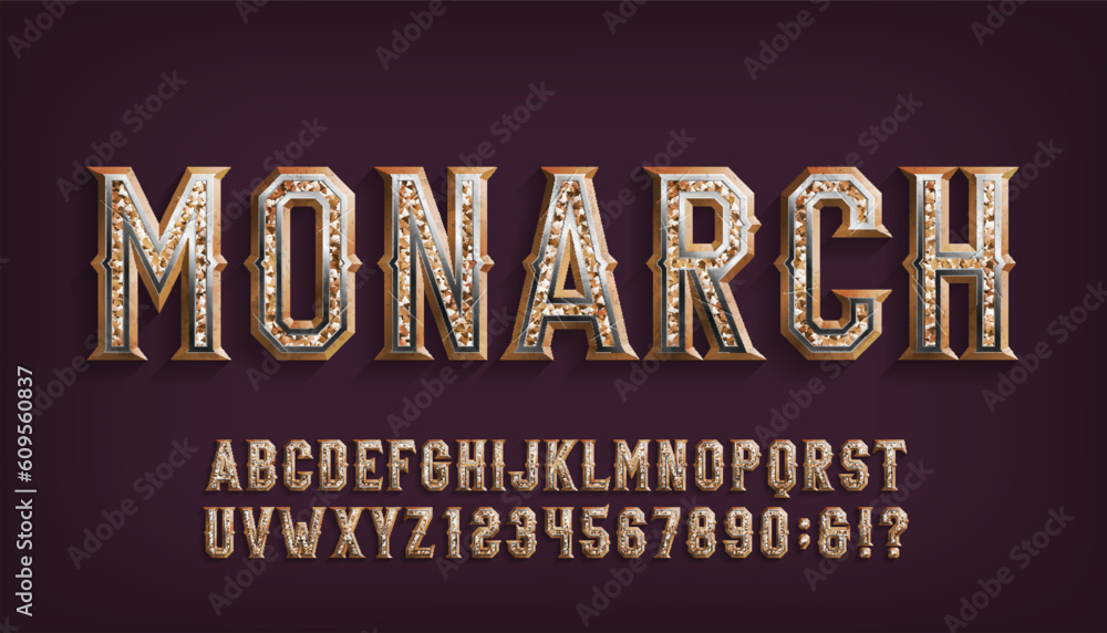 Poster monarch alphabet font. damaged metal letters and numbers ornate with gold. stock vector typescript f