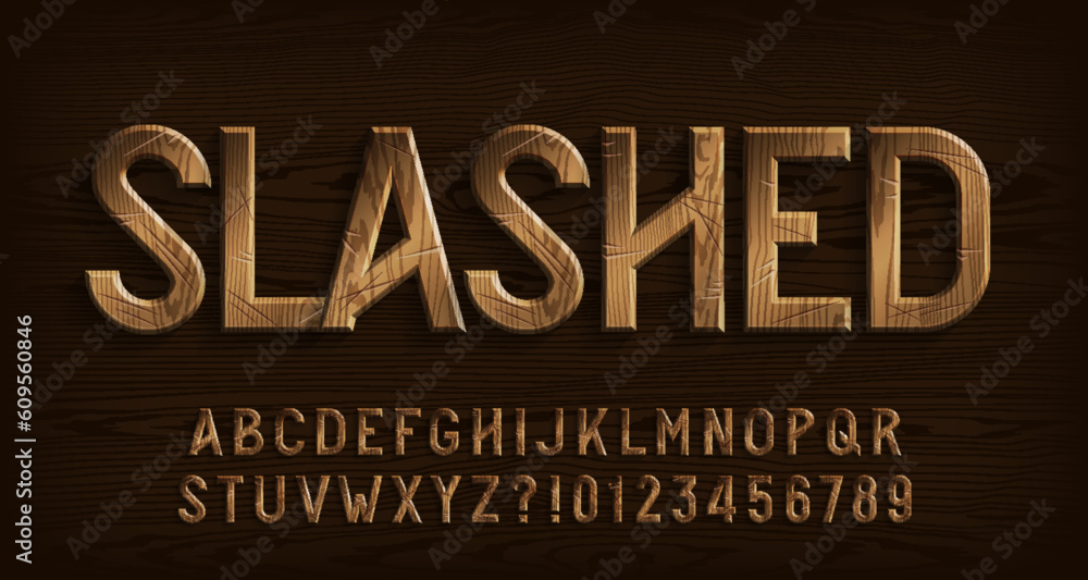 Fototapete slashed alphabet font. damaged wooden letters and numbers. stock vector typescript for your typograp