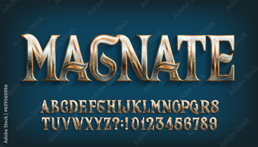 Poster magnate alphabet font. damaged ornate metal letters and numbers. stock vector typescript for your ty