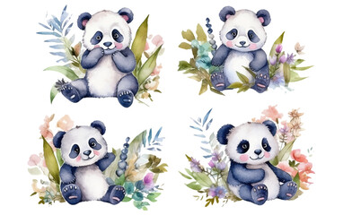 watercolor set illustration of fluffy panda among the bamboo leaves isolated on white background
