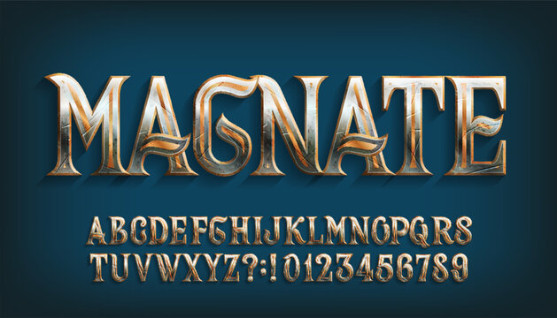 Magnate alphabet font. Damaged ornate metal letters and numbers. Stock vector typescript for your typography design.