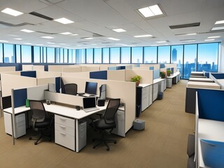 office cubicle space inside a modern, youthful office with bright lighting 