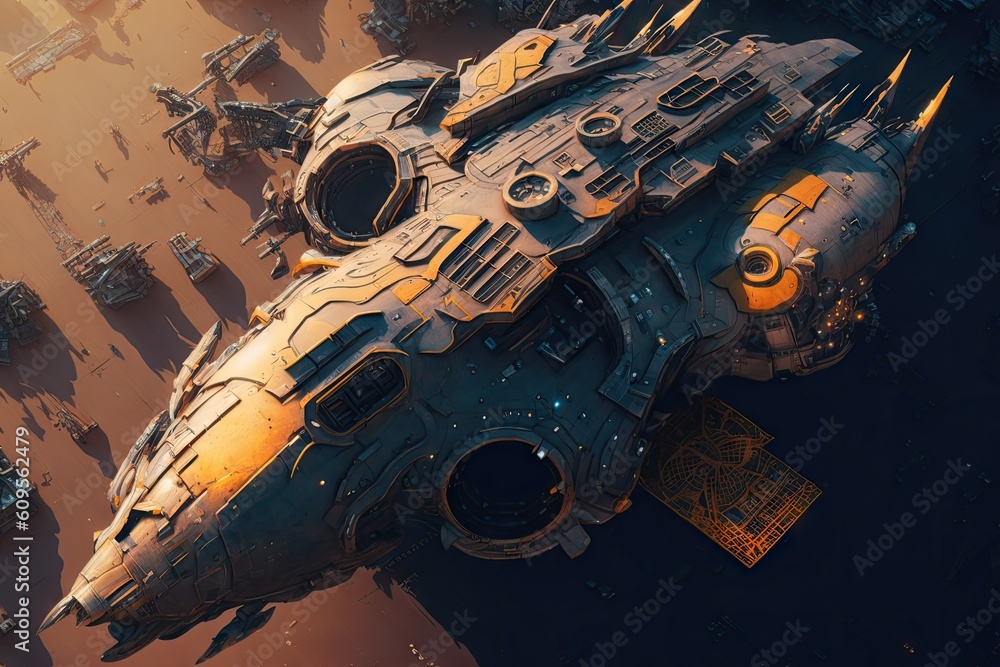 Aufkleber cyber punk spaceship seen from above. glorious generative ai.