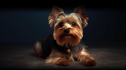 Cute Yorkshire Terrier on a dark background with free space. Generative AI